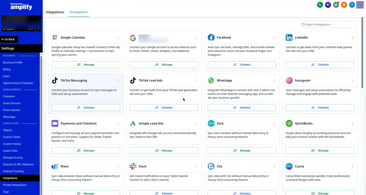 The Integrations page in Settings. The Facebook and Instagram cards each have a Connect button.
