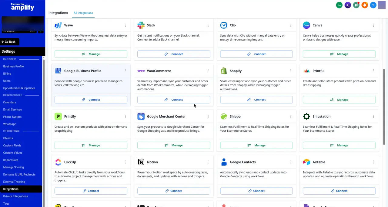The Integrations page in Settings. The Google Business Profile card has a Connect button.