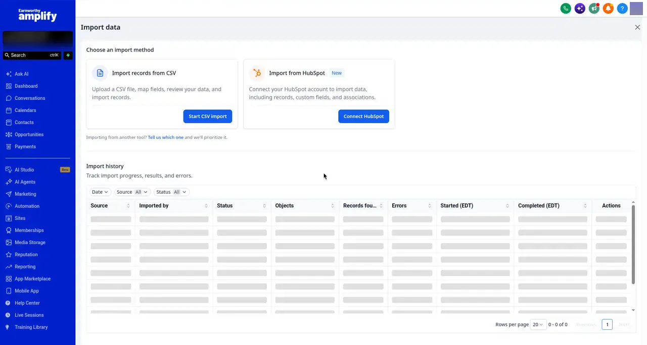 The Import data screen. Choose Import records from CSV and click Start CSV import. Past imports show in the Import history table below.