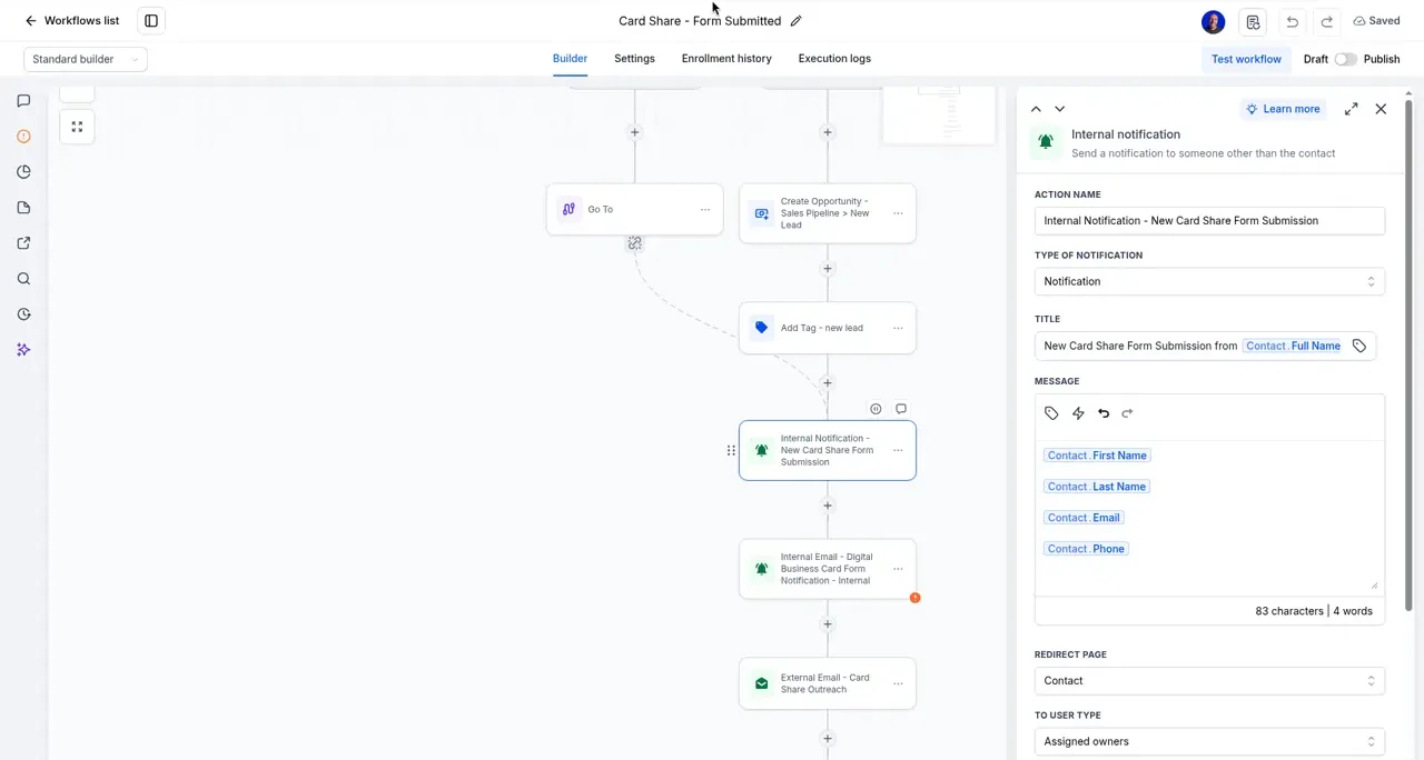 A form alert workflow in Automation with its Internal Notification step open on the right. The panel shows the alert's title, a message with the contact's name, email and phone, and who gets the alert.