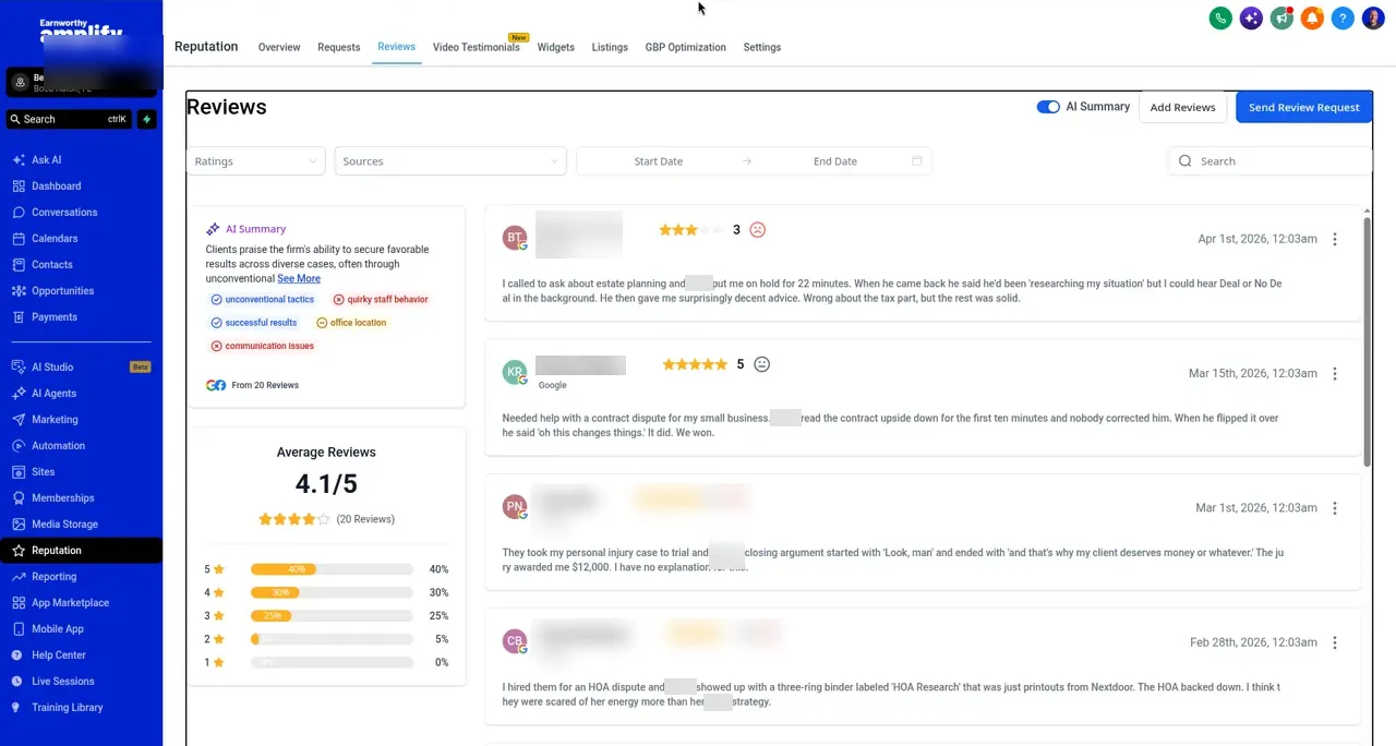 The Reviews page under Reputation, listing your Google reviews with their star ratings, plus your average rating and an AI summary. Find the review here, then reply to it.