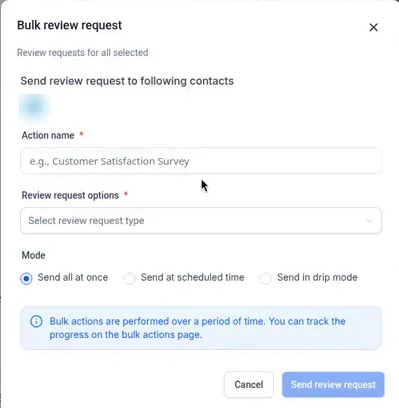 The Bulk review request window that opens after you pick contacts and click More, then Request reviews. Give the request a name, choose a review request type, pick when to send it, then click Send review request.