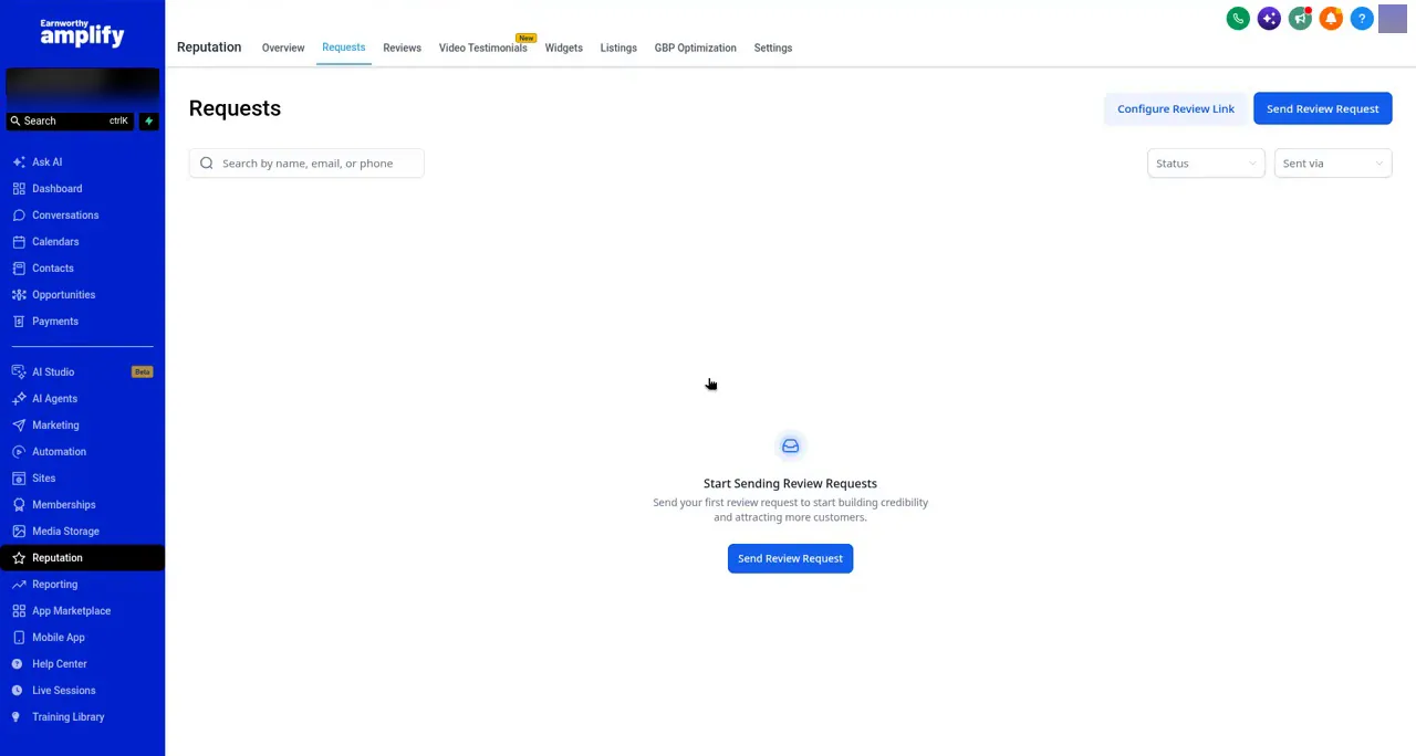 The Requests tab under Reputation. The blue Send Review Request button is at the top right.