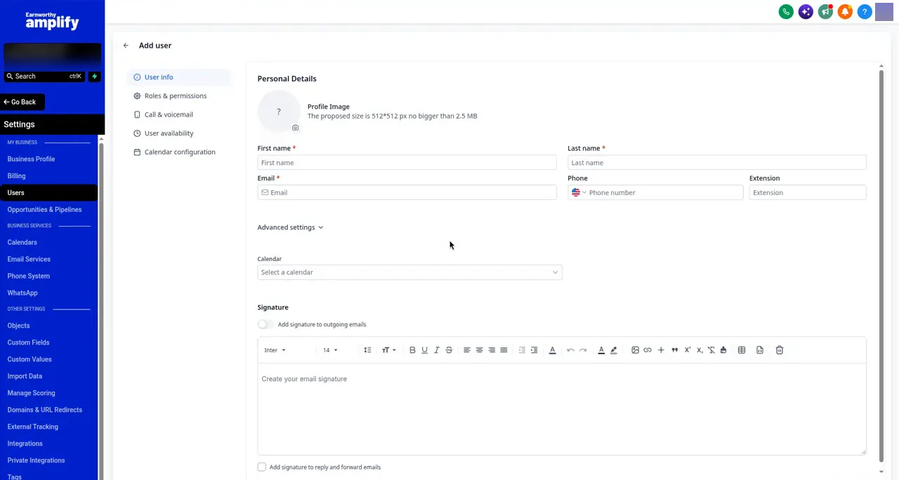 The Add user screen in Settings. Fill in first name, last name and email, then pick roles and permissions from the menu on the left.
