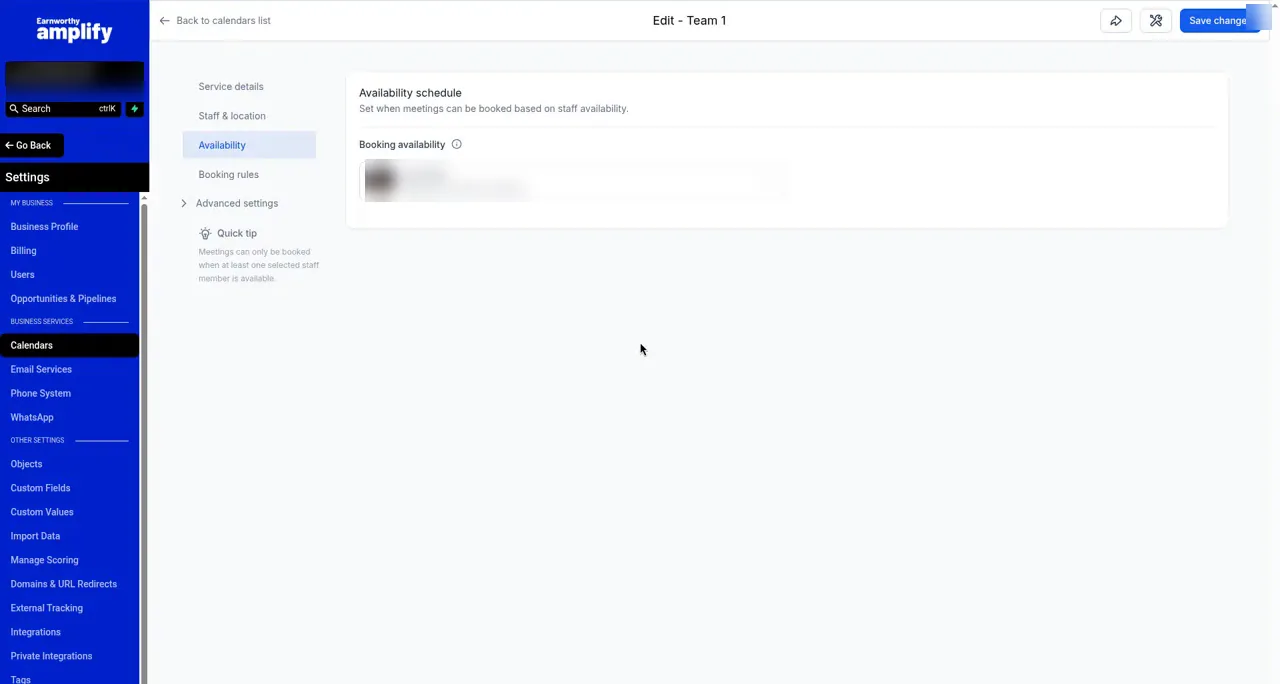 A calendar's edit screen with Availability selected in the left menu. The Availability schedule shows when meetings can be booked.