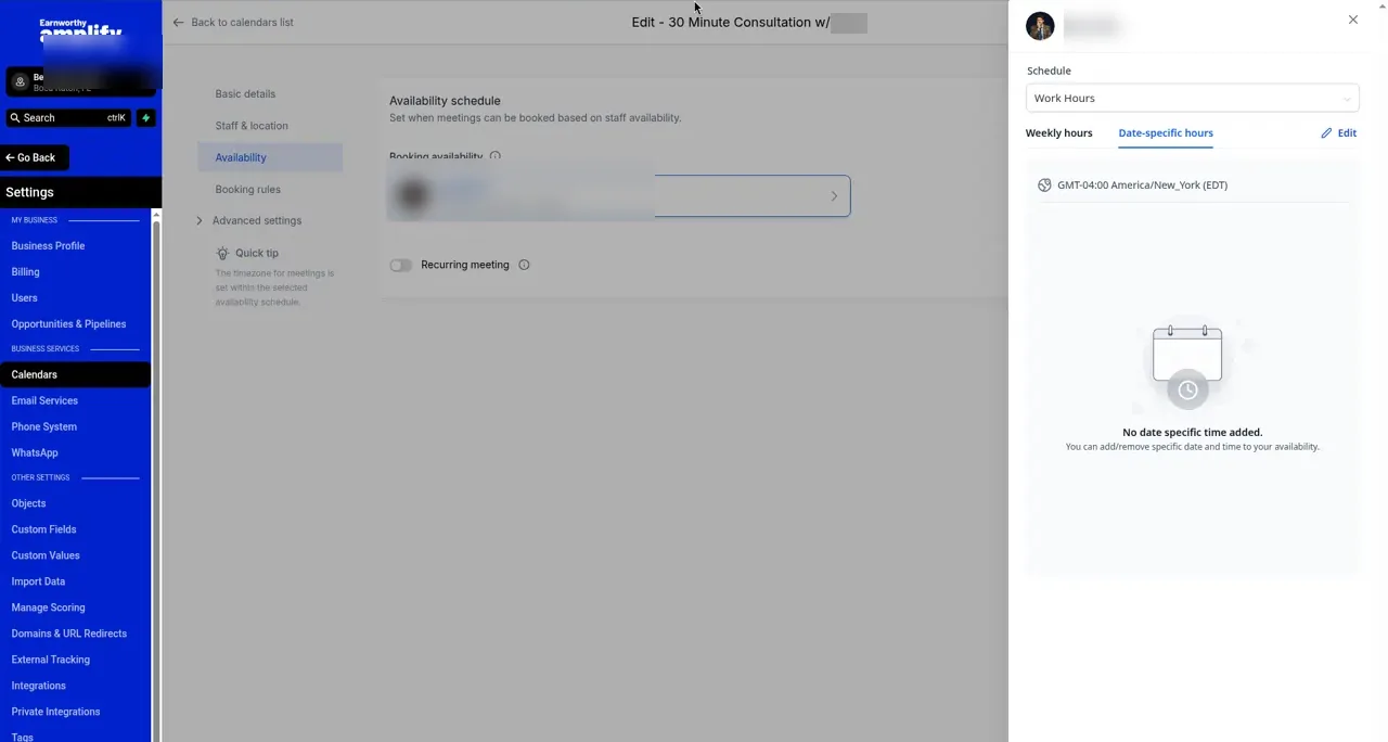A calendar's edit screen with Availability selected. The Date-specific hours tab is open on the right, where you add the days you're closed.